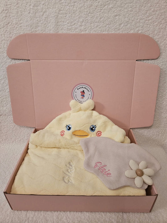 Personalised Baby Bath Towel and Bib Gift Set - Duck