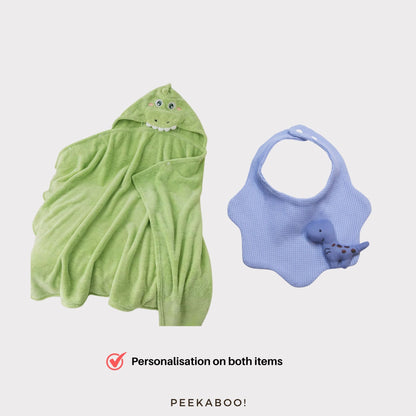 Personalised Baby Bath Towel and Bib Gift Set - Dinosaur