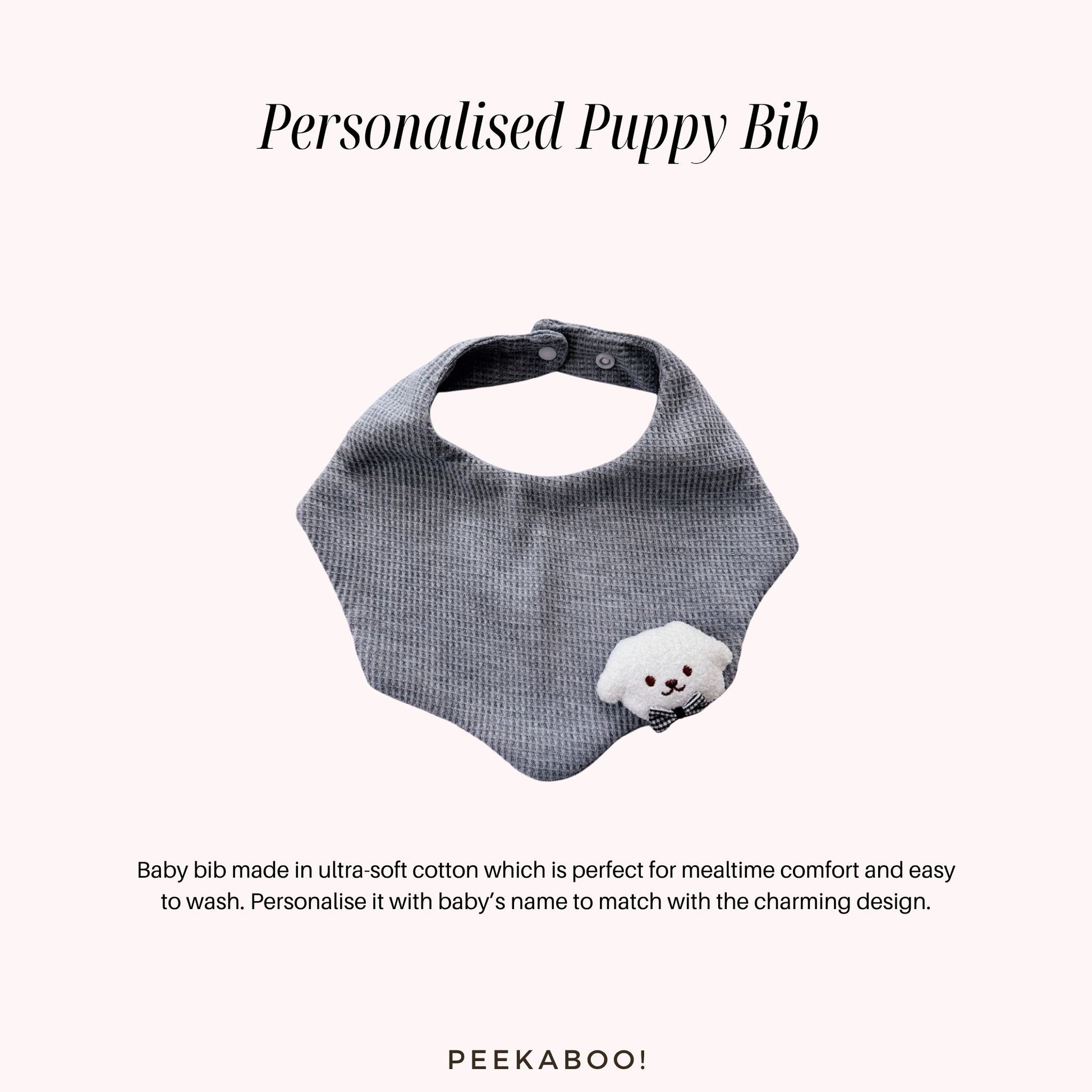 Personalised-Baby-Bib-Puppy-Grey-Peekaboo-Baby-And-Kids