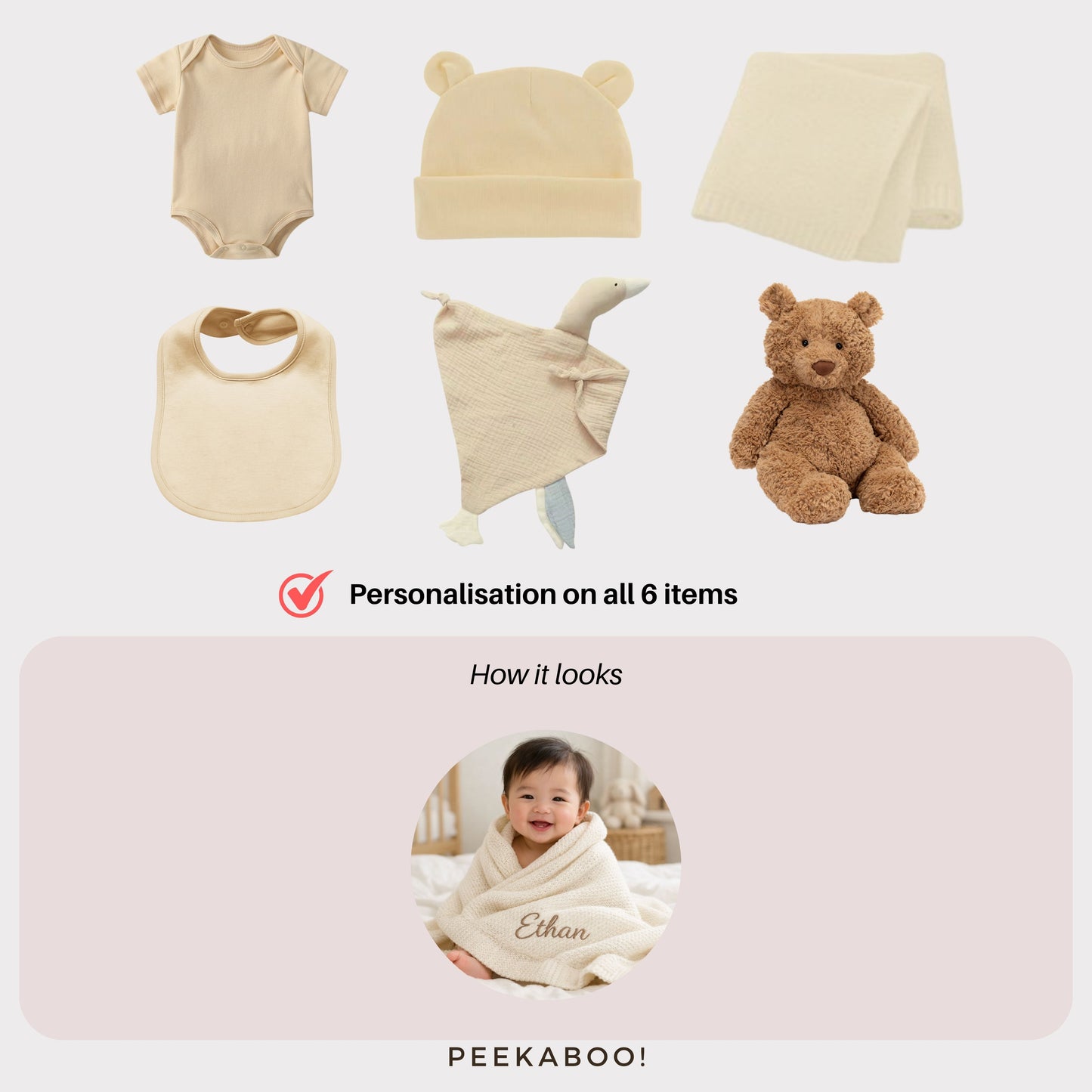 Personalised-Baby-Shower-Giftset-Beige-Bear-Detils-Peekaboo-personalisation