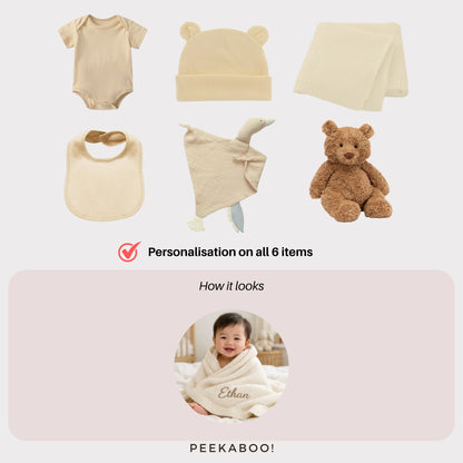 Personalised-Baby-Shower-Giftset-Beige-Bear-Detils-Peekaboo-personalisation