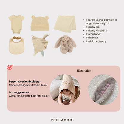Personalised-Baby-Shower-Giftset-Beige-Bunny-Detils-Peekaboo-personalisation