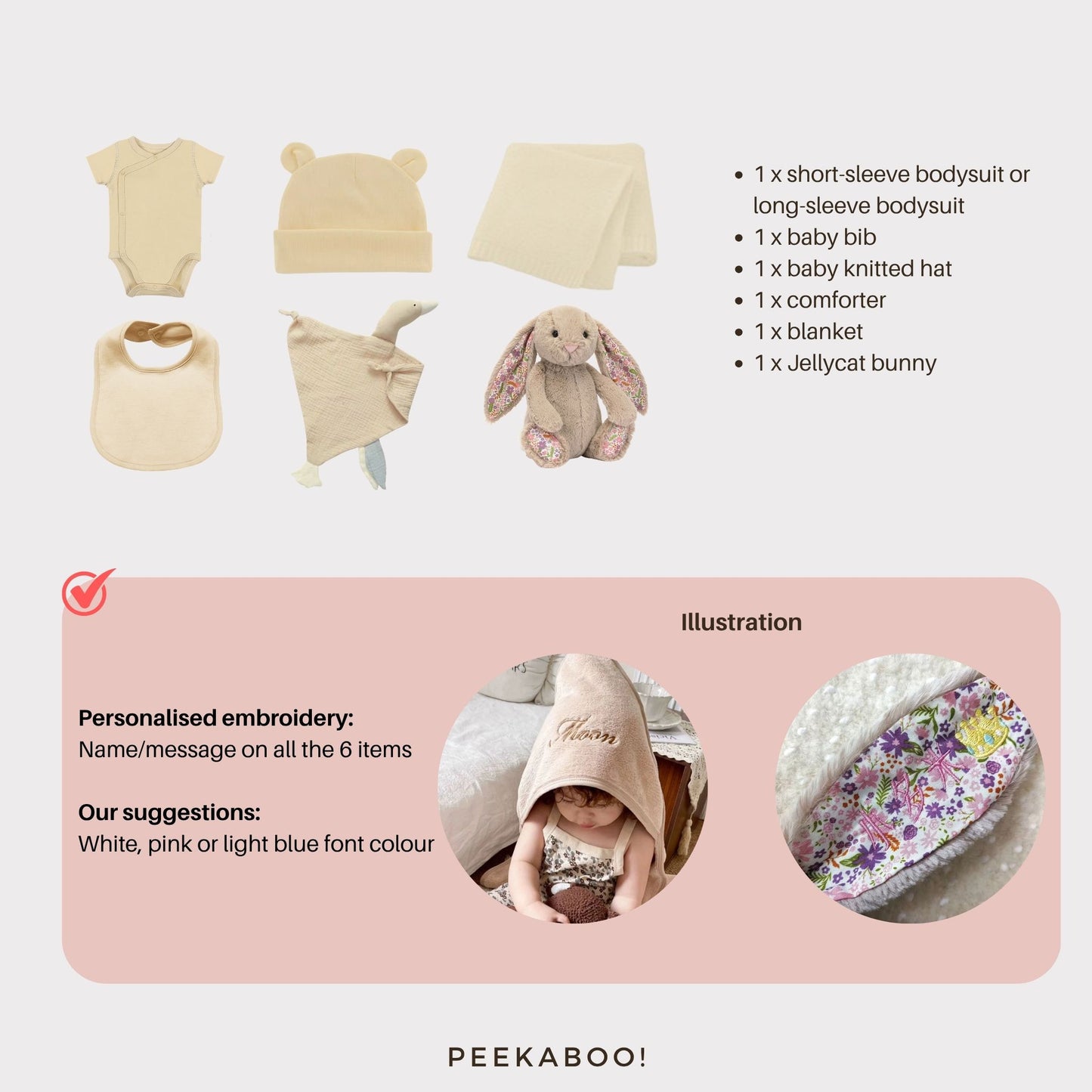 Personalised-Baby-Shower-Giftset-Beige-Petal-Details-Peekaboo-personalisation