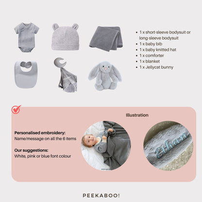 Personalised-Baby-Shower-Giftset-Grey-Detils-Peekaboo-jellycat-personalisation