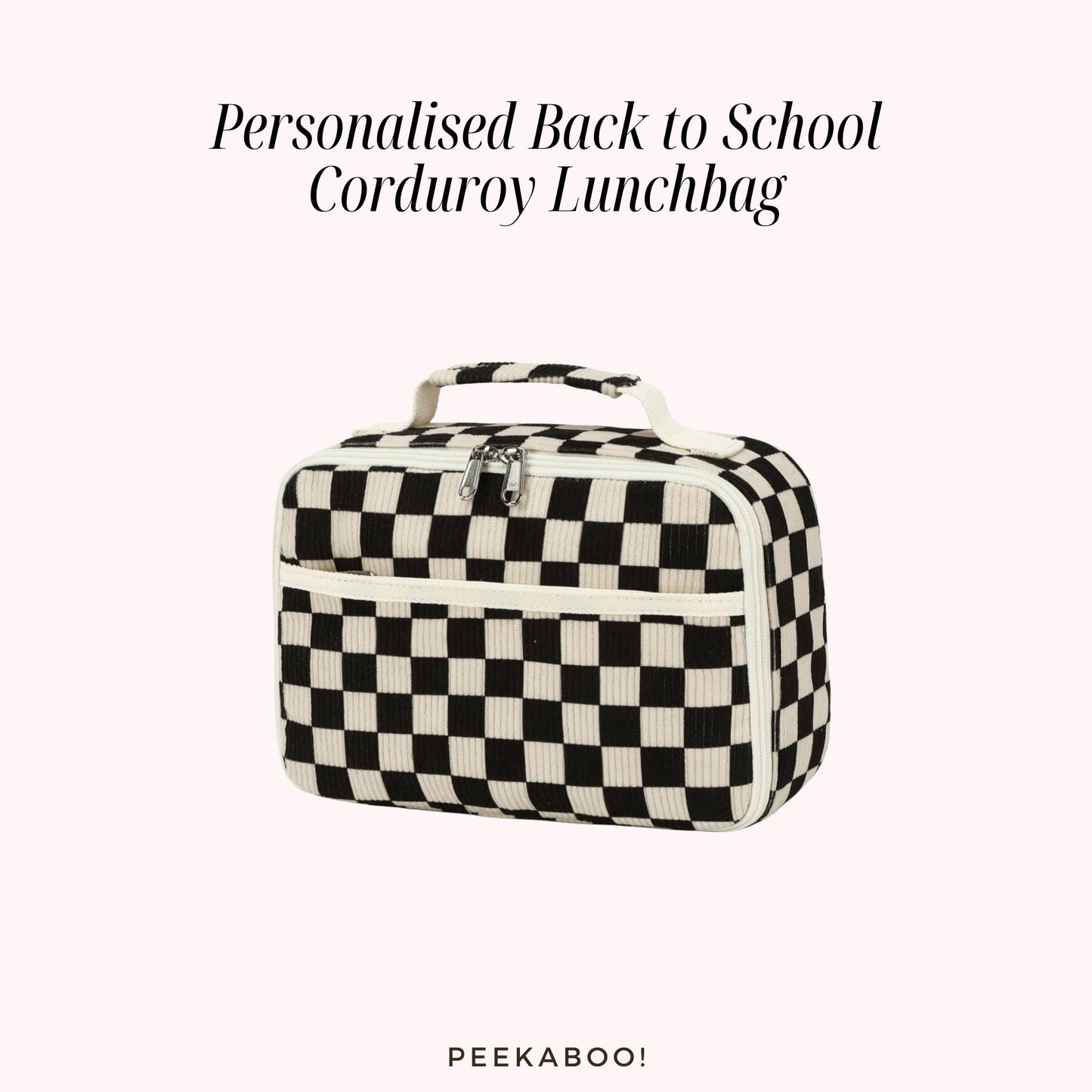 Personalised-Back-to-School-Corduroy-Lunchbag-Black-Checked-Pattern