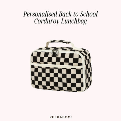 Personalised-Back-to-School-Corduroy-Lunchbag-Black-Checked-Pattern