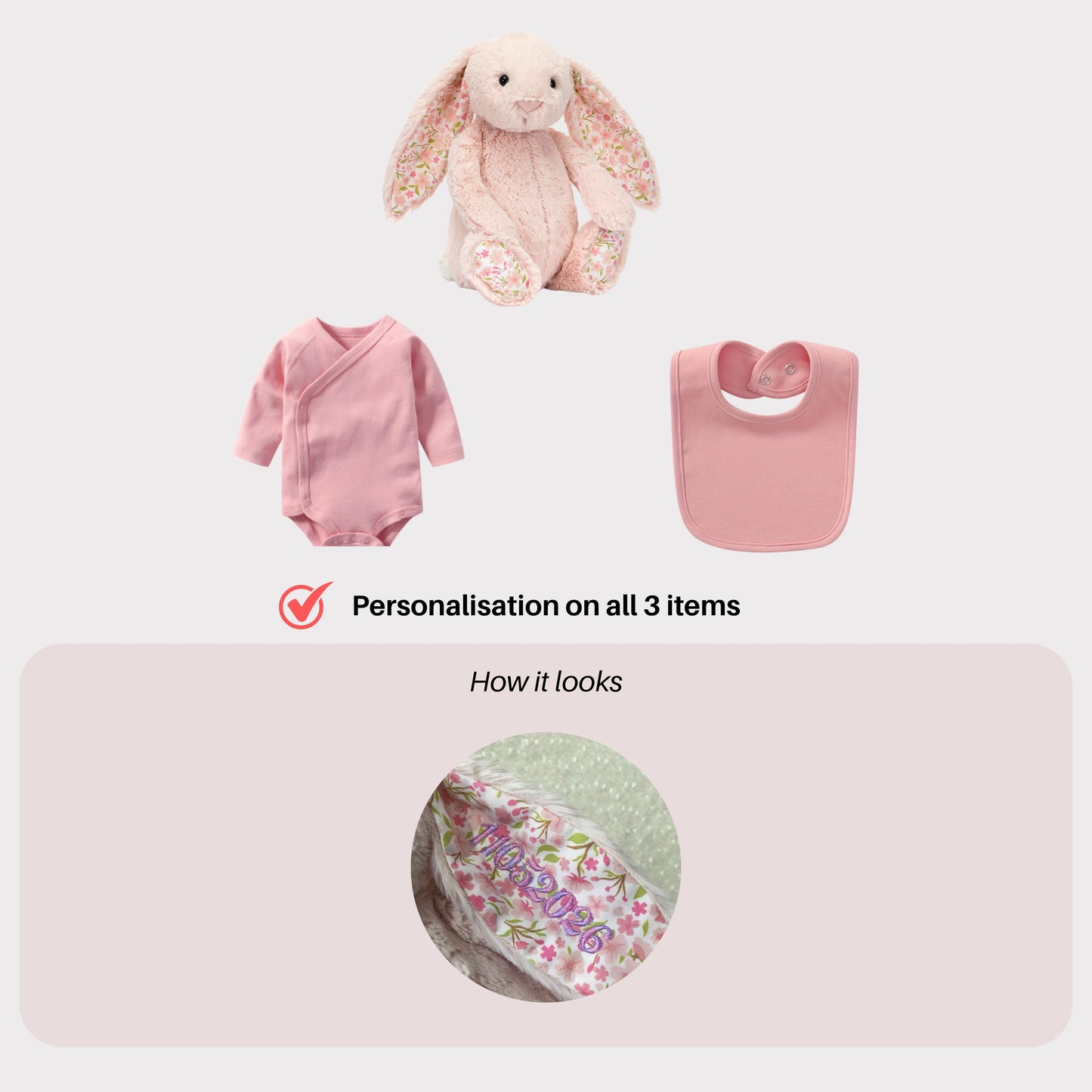 Personalised Jellycat Bunny and Bodysuit Set - Blush 'Cherry'