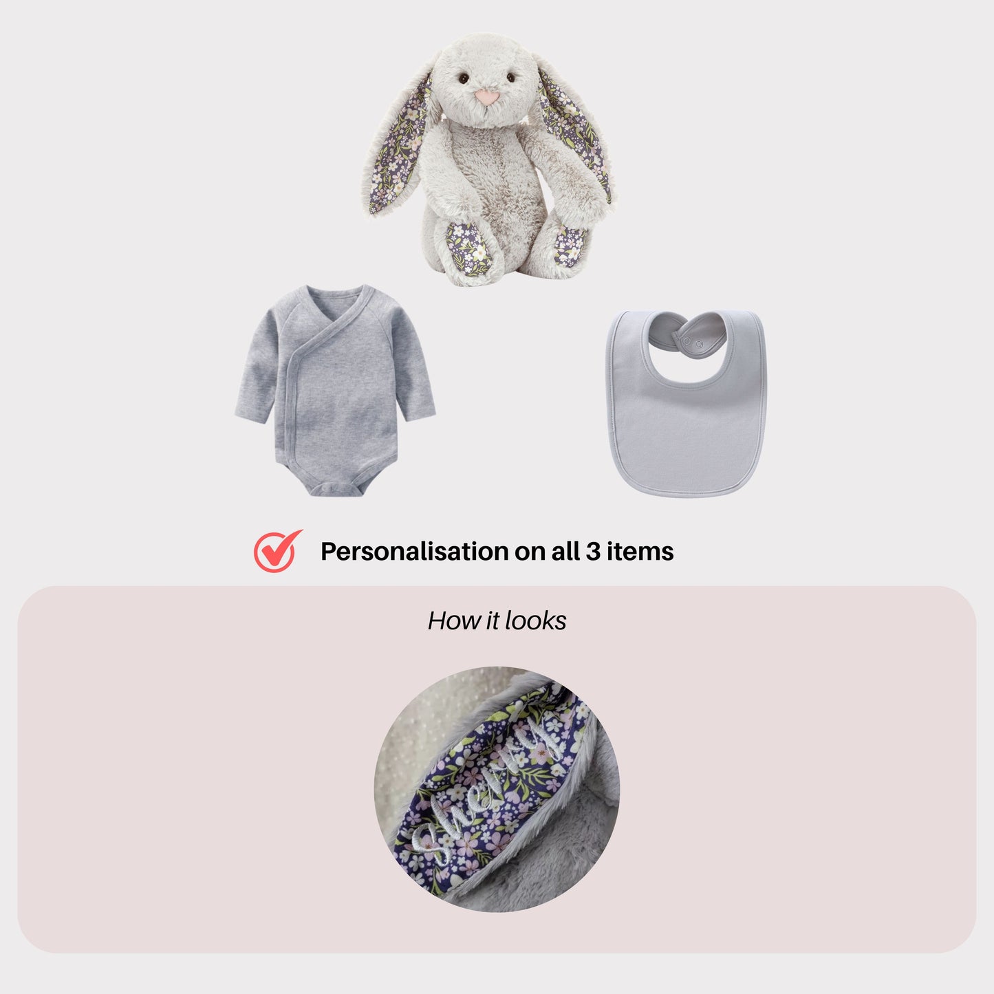 Personalised Jellycat Bunny and Bodysuit Set - Silver 'Bloom'