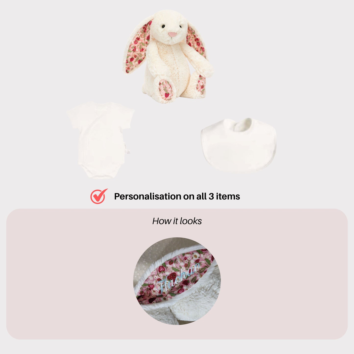 Personalised Jellycat Bunny and Bodysuit Set - Cream 'Berry'