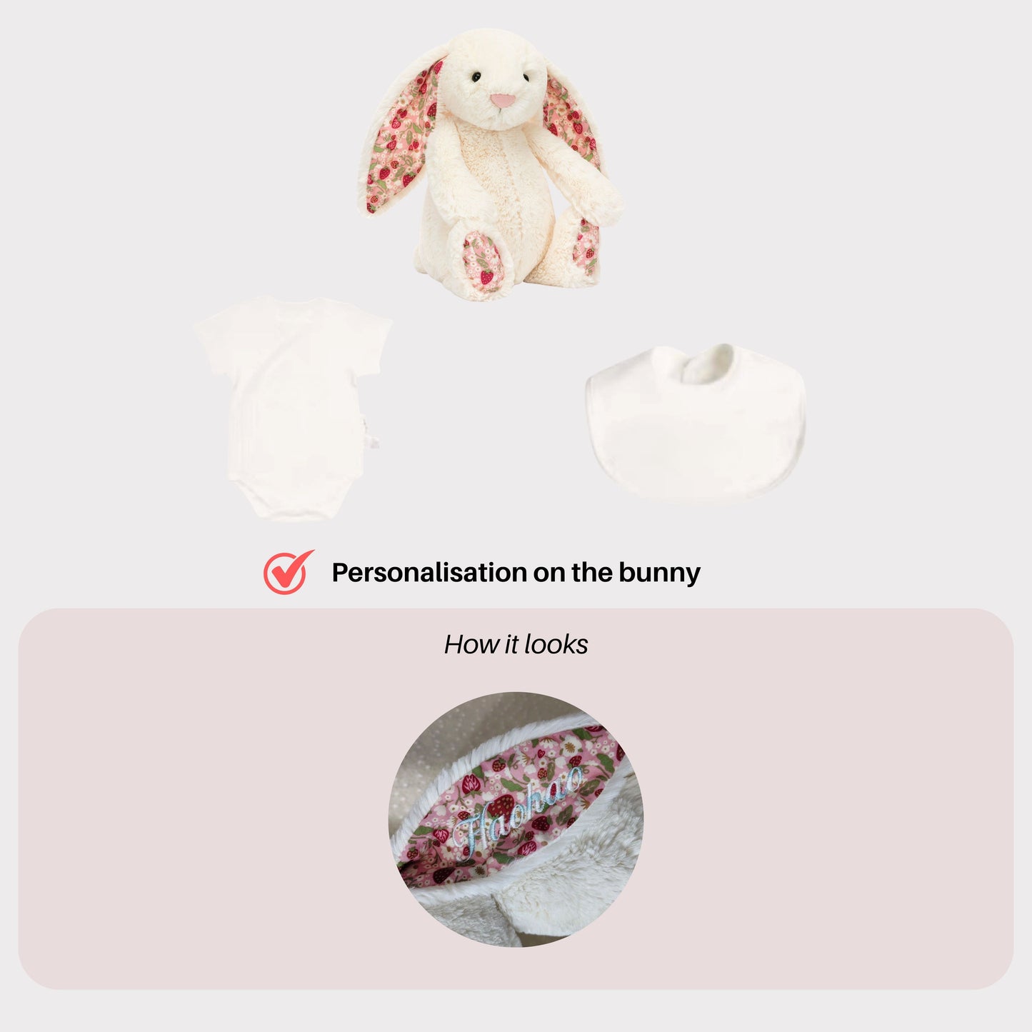 Personalised Jellycat Bunny and Bodysuit Set - Cream 'Berry'
