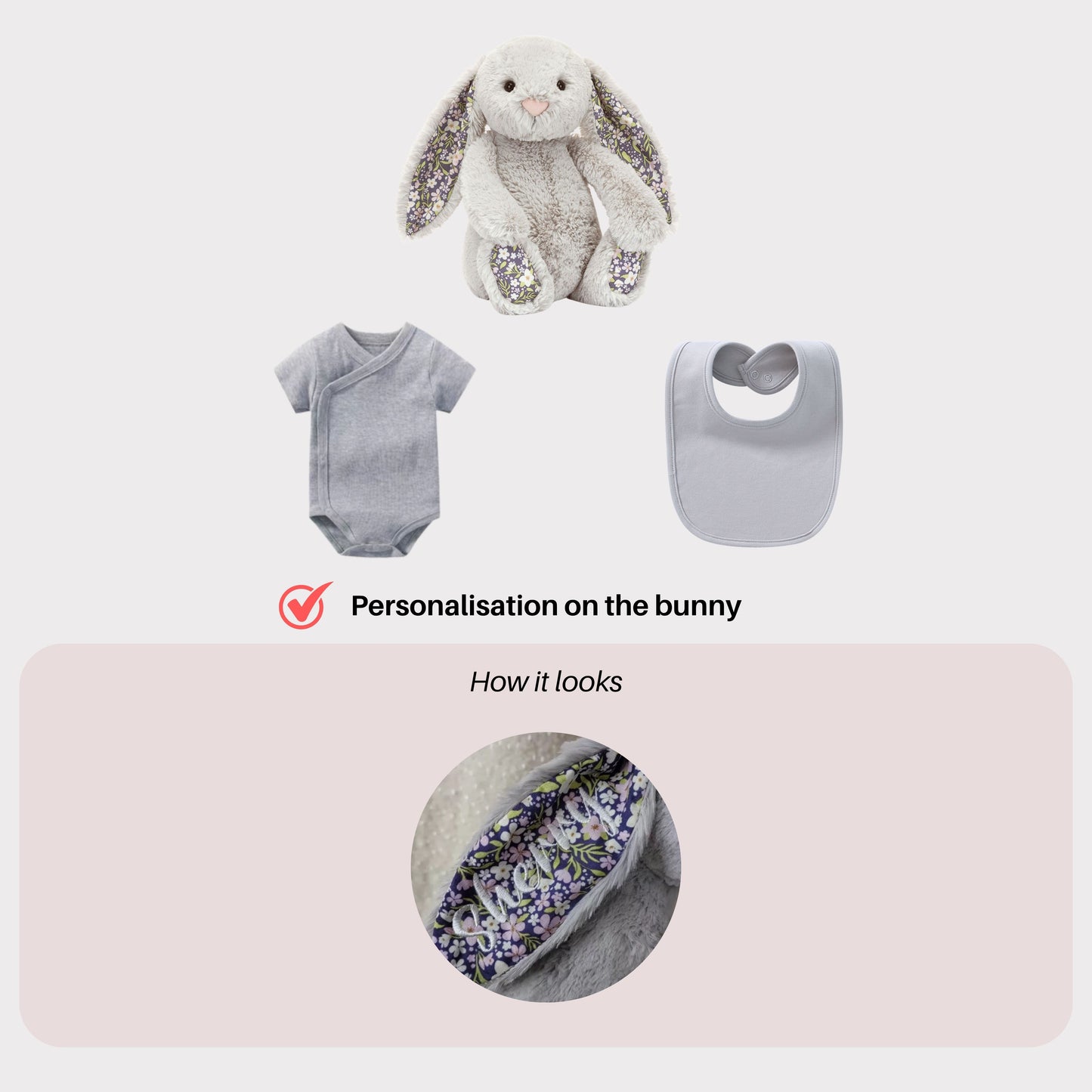 Personalised Jellycat Bunny and Bodysuit Set - Silver 'Bloom'