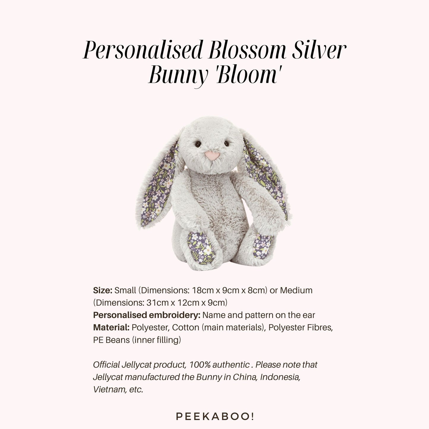 Personalised Jellycat Blossom Bunny - Silver Colour 'Bloom'
