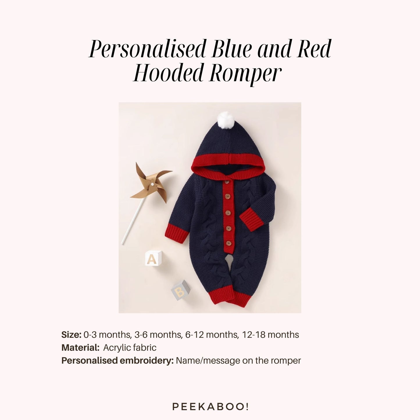 Personalised-Blue-Red-Hooded-Romper-size-Peekaboo