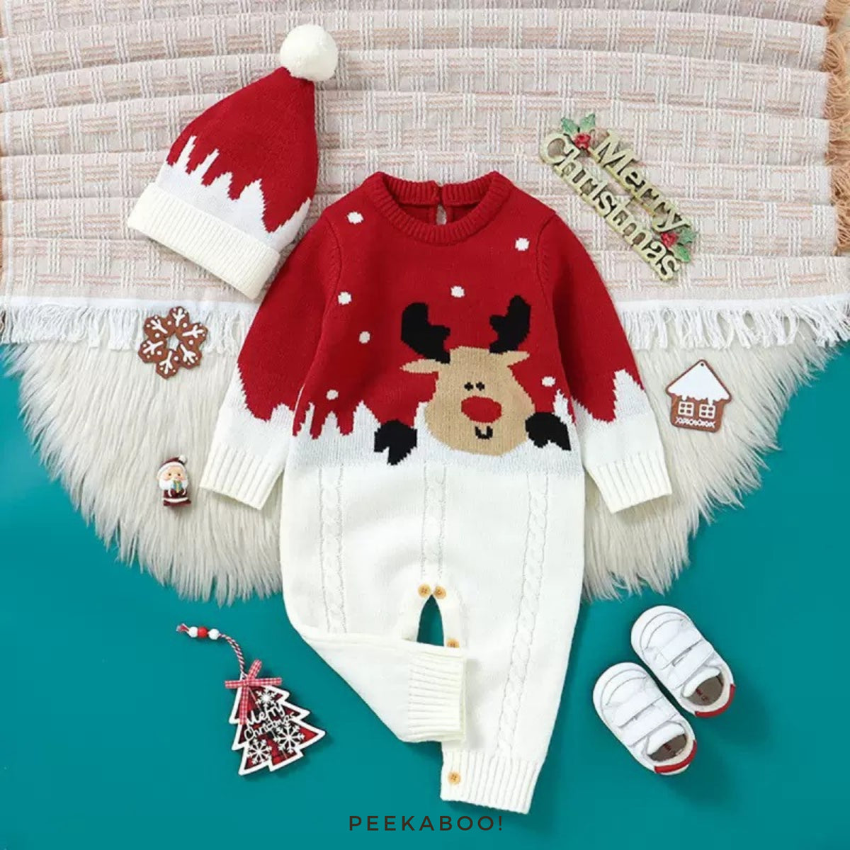Personalised Christmas Reindeer Knitted Baby Romper & Hat Set