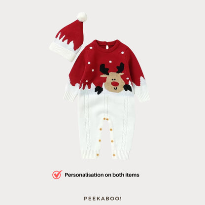 Personalised Christmas Reindeer Knitted Baby Romper & Hat Set