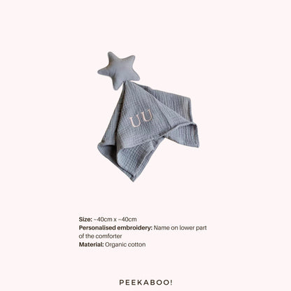 Personalised-Cotton-Muslin-Comforter-Star-Grey-Peekaboo