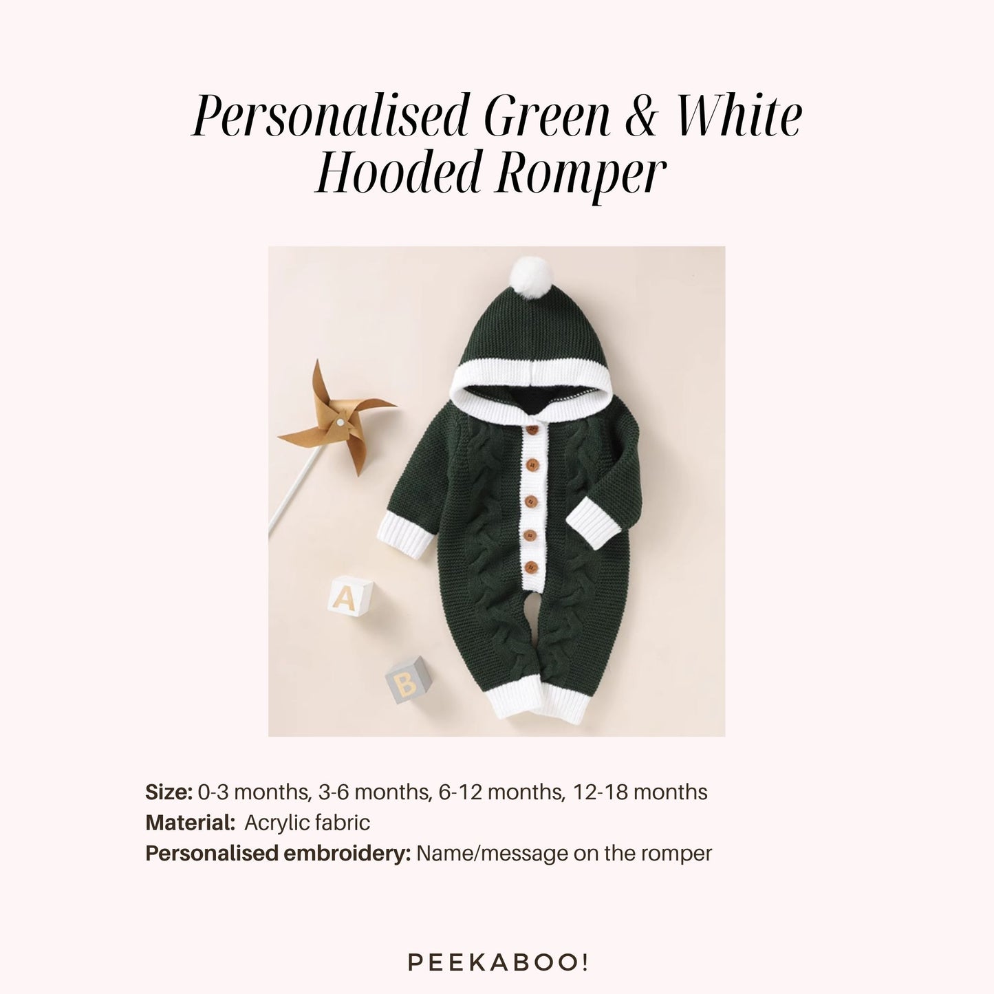 Personalised-Green-White-Hooded-Romper-size-Peekaboo