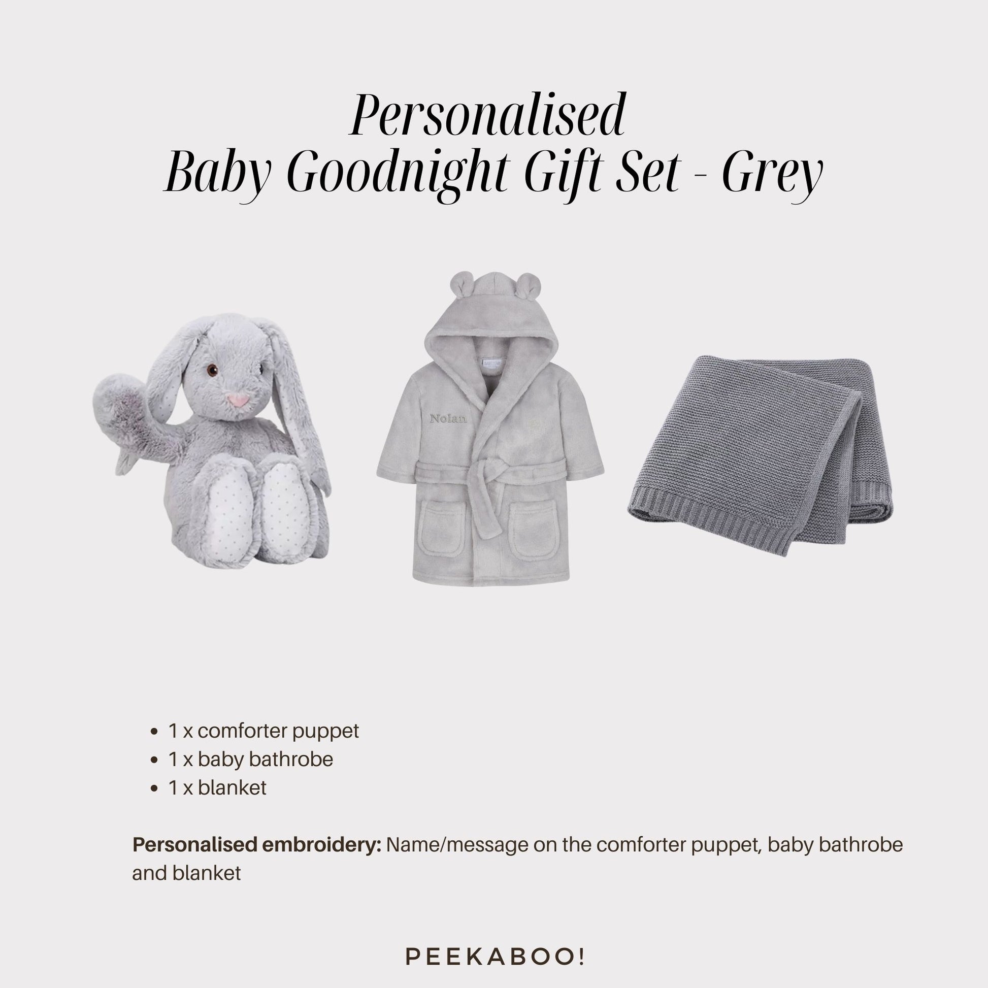 Personalised-bunny-romper-blanket-good-night-giftset-grey-details-Peekaboo