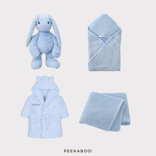 Personalised-bunny-romper-towel-blanket-after-bath-giftset-blue-Cover-Peekaboo