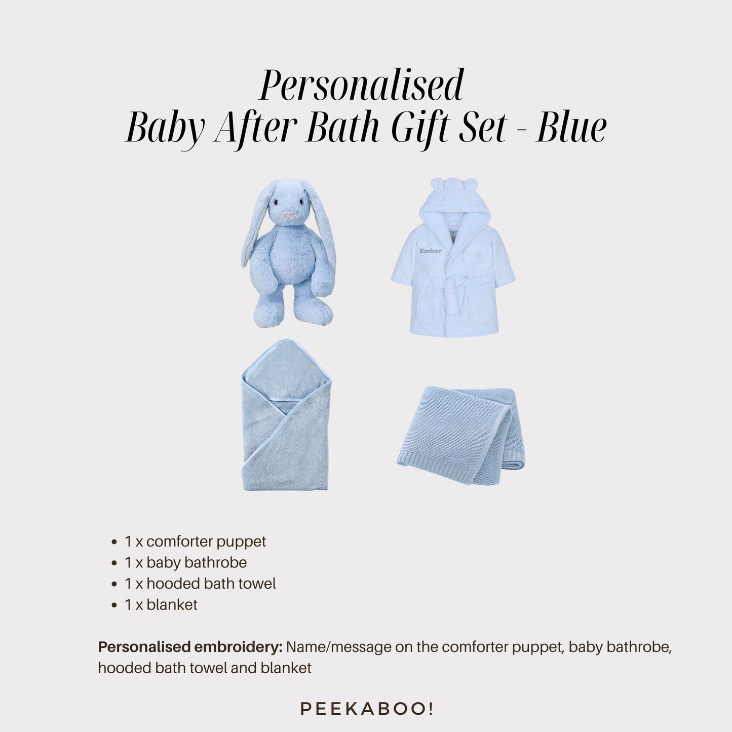 Personalised-bunny-romper-towel-blanket-after-bath-giftset-blue-details-Peekaboo