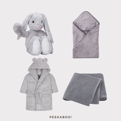 Personalised-bunny-romper-towel-blanket-after-bath-giftset-grey-Cover-Peekaboo