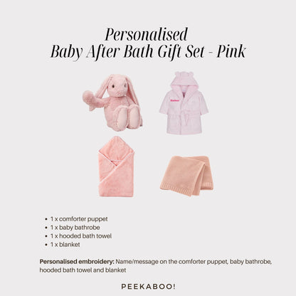 Personalised-bunny-romper-towel-blanket-after-bath-giftset-pink-details-Peekaboo