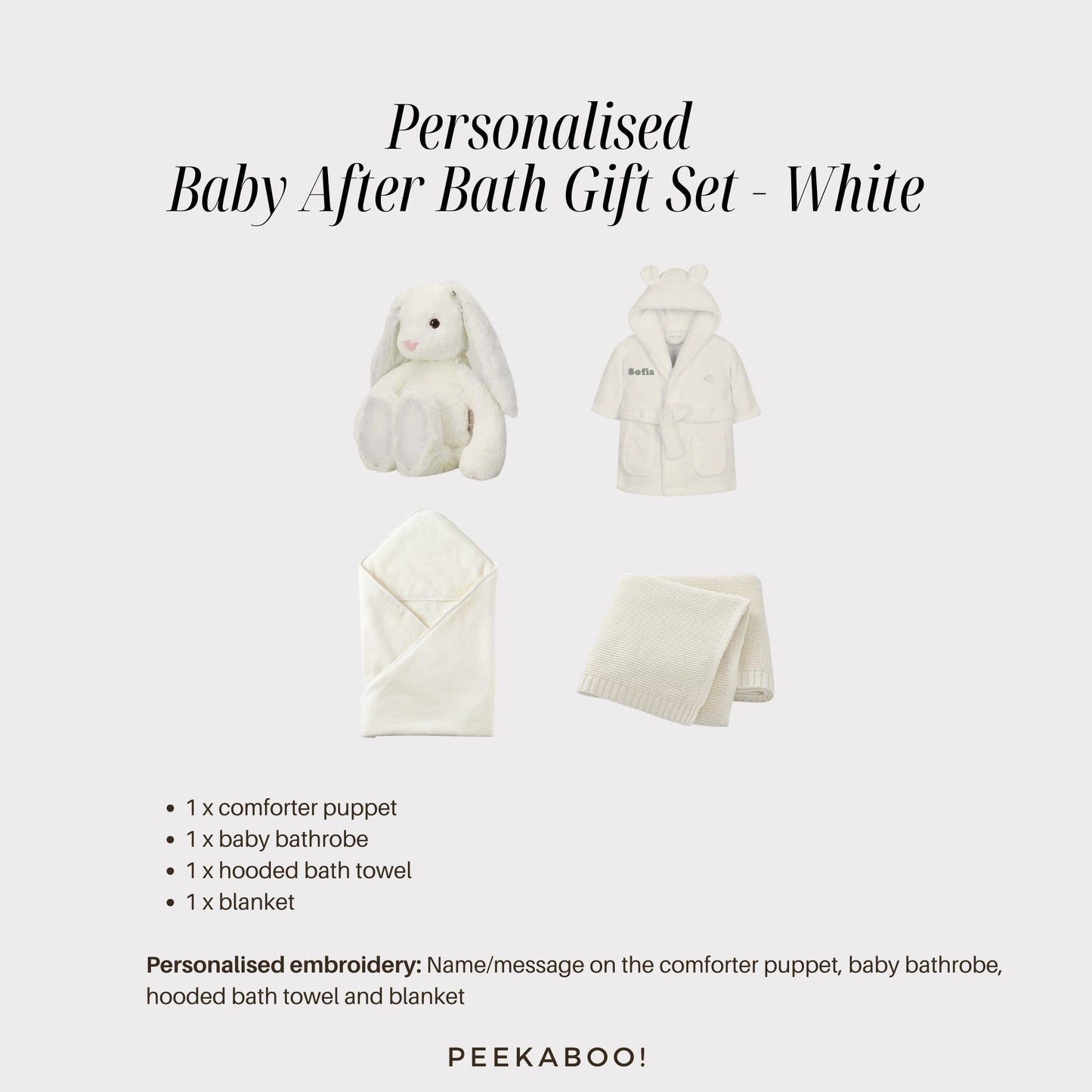 Personalised-bunny-romper-towel-blanket-after-bath-giftset-white-details-Peekaboo